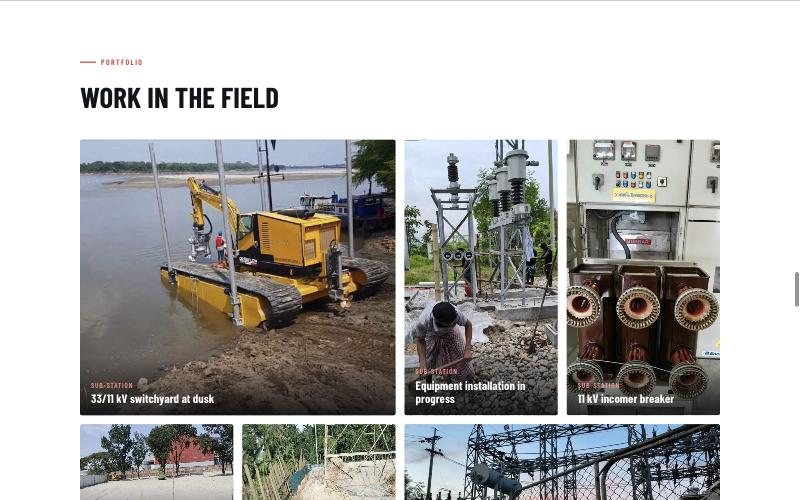 RM Construction portfolio section: a grid of field photos from sub-station and cable projects